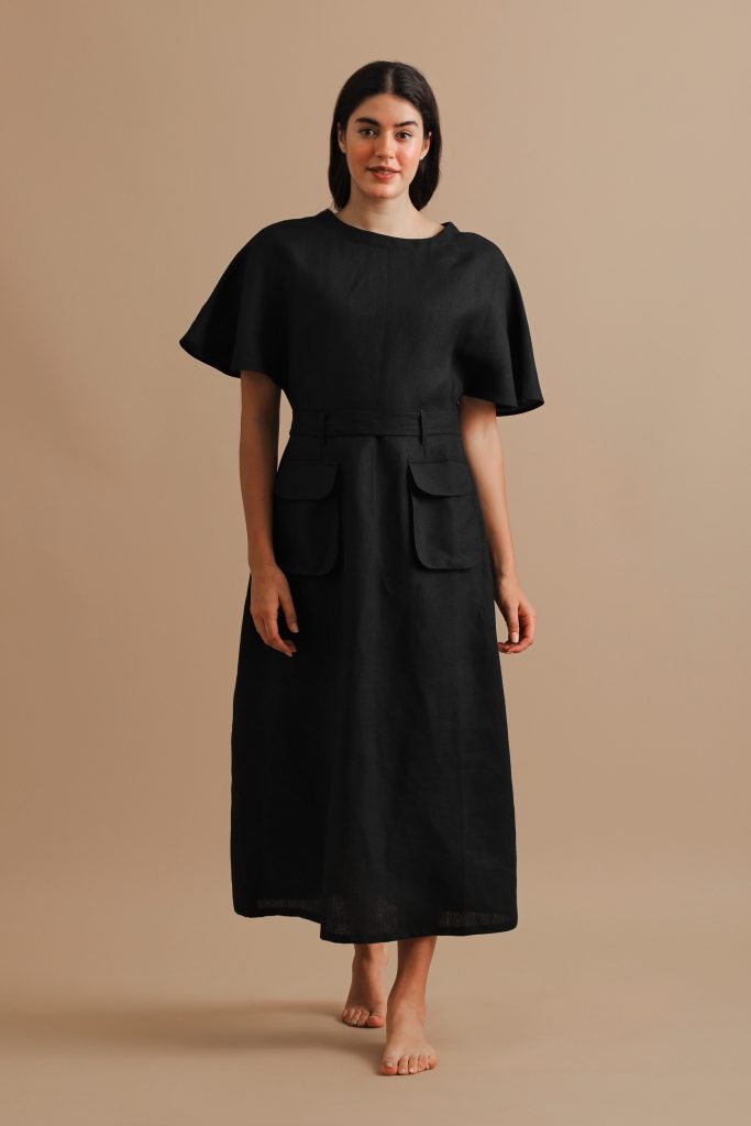 Black Kimono Sleeved Linen Dress By Turn Black - Veiled Wallfower