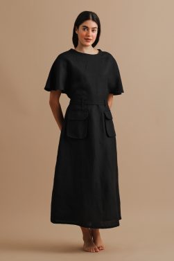 Black Kimono Sleeved Linen Dress By Turn Black - Veiled Wallfower