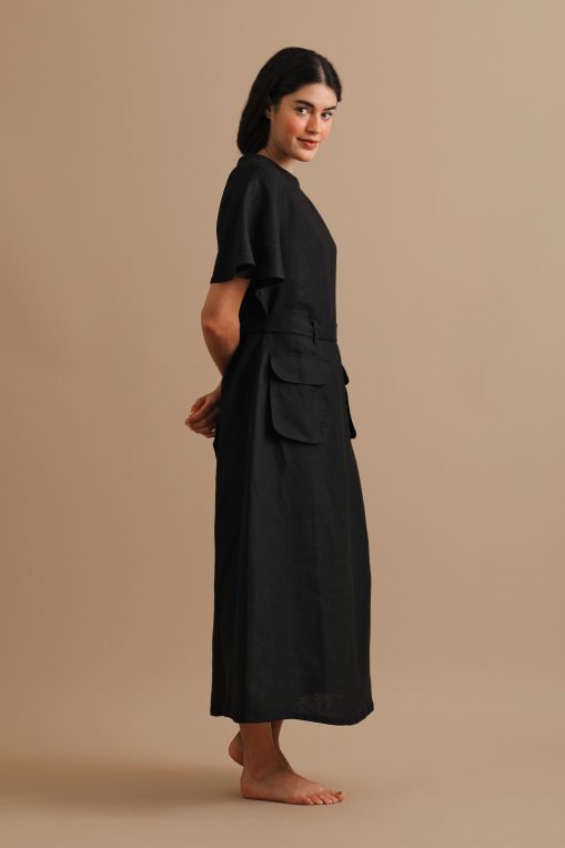 Black Kimono Sleeved Linen Dress By Turn Black - Veiled Wallfower