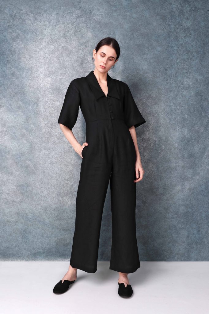 Bell Sleeved Darted Black Jumpsuit By Turn Black - Rising Phoenix