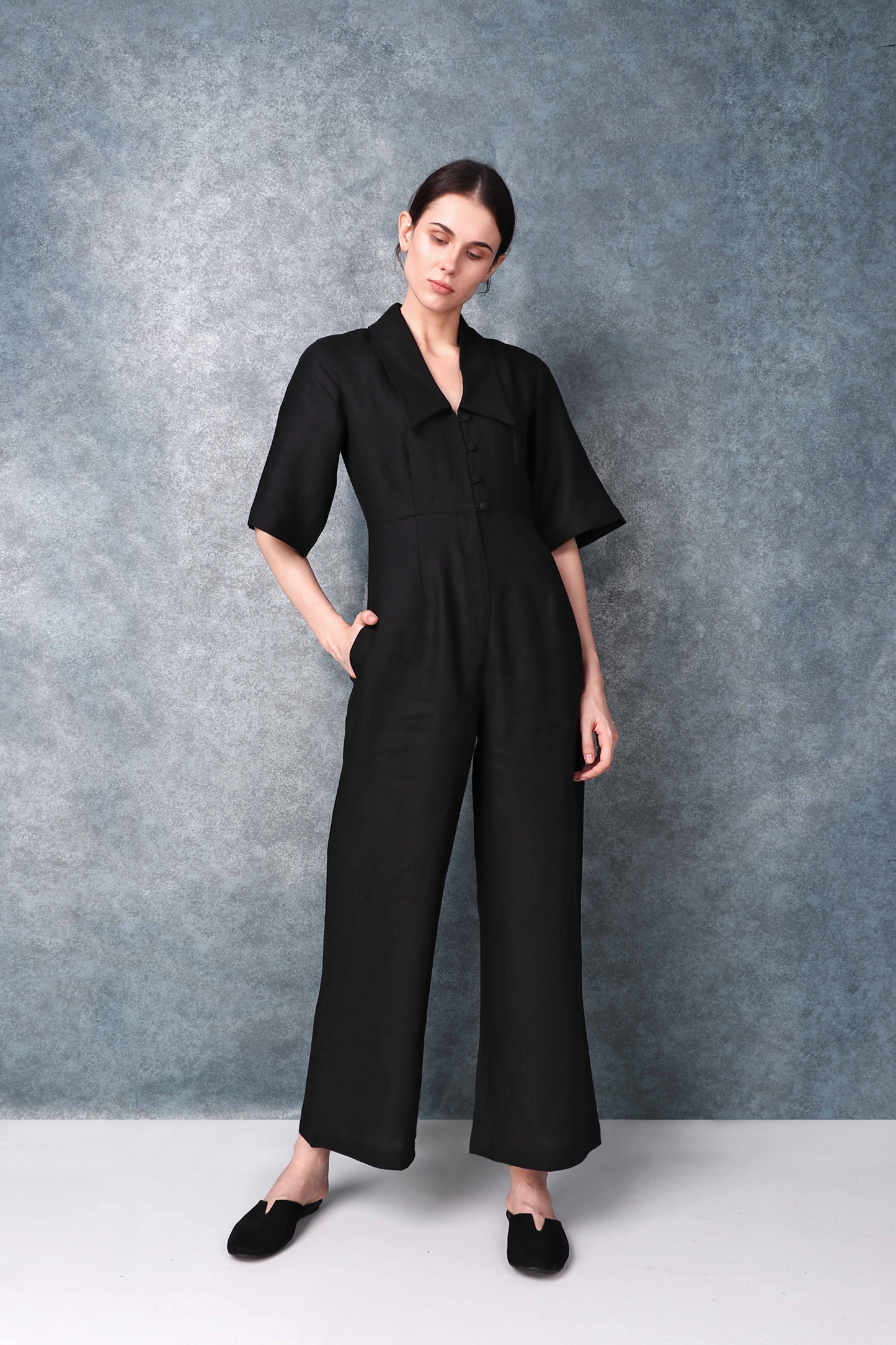 Bell Sleeved Darted Black Jumpsuit