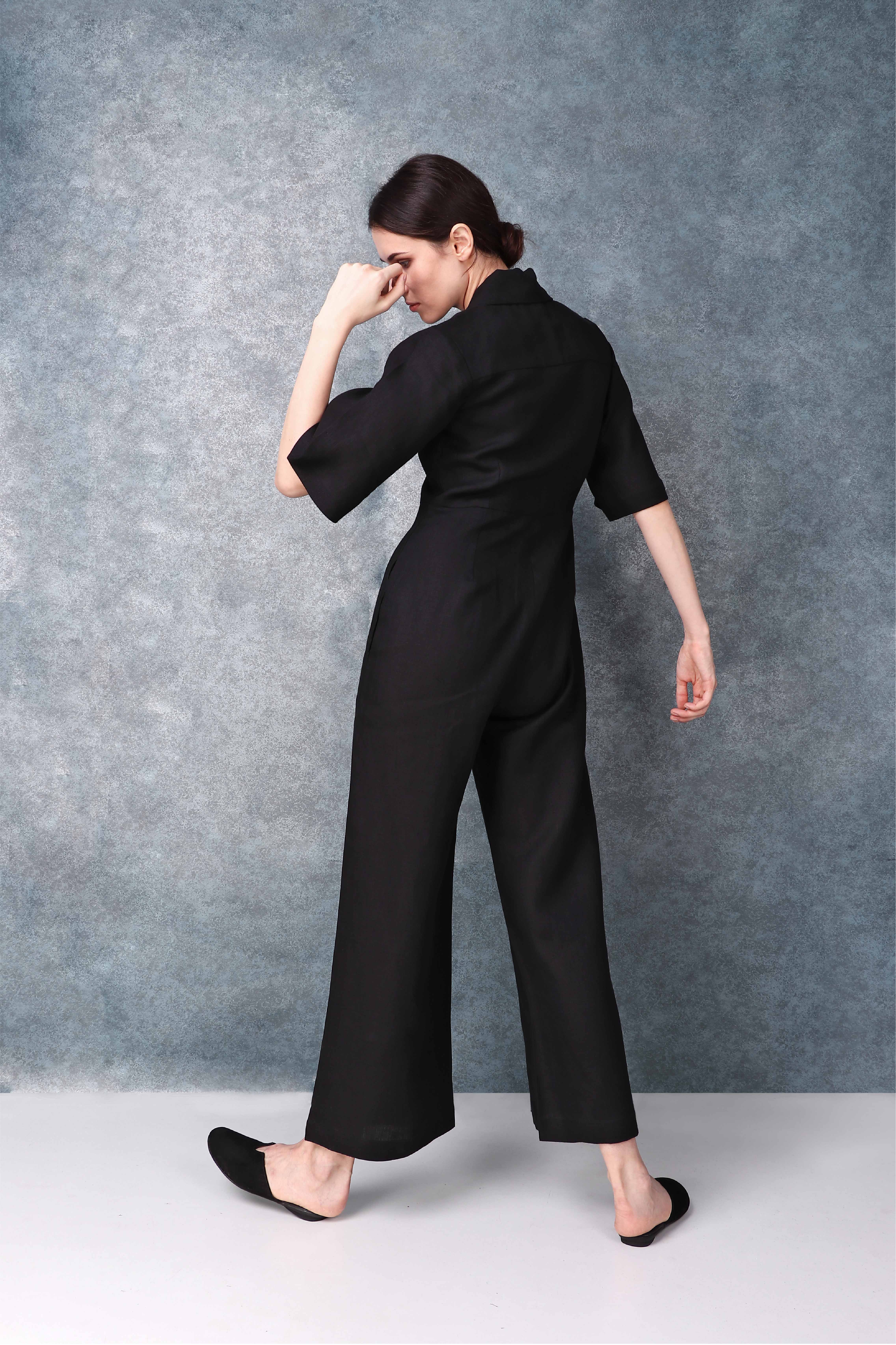 Bell Sleeved Darted Black Jumpsuit