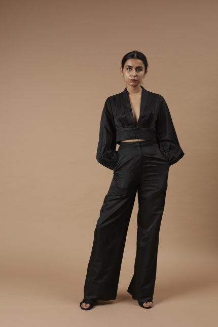 Front button crop top and straight fit pants.