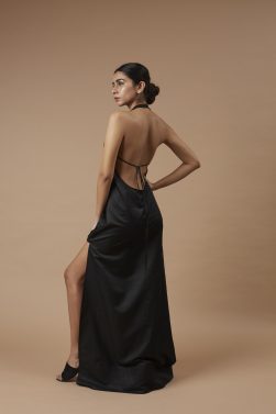 Backless long black dress.