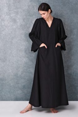 Full Length Black Linen Dress By Turn Black-The Lady With The Little Dog